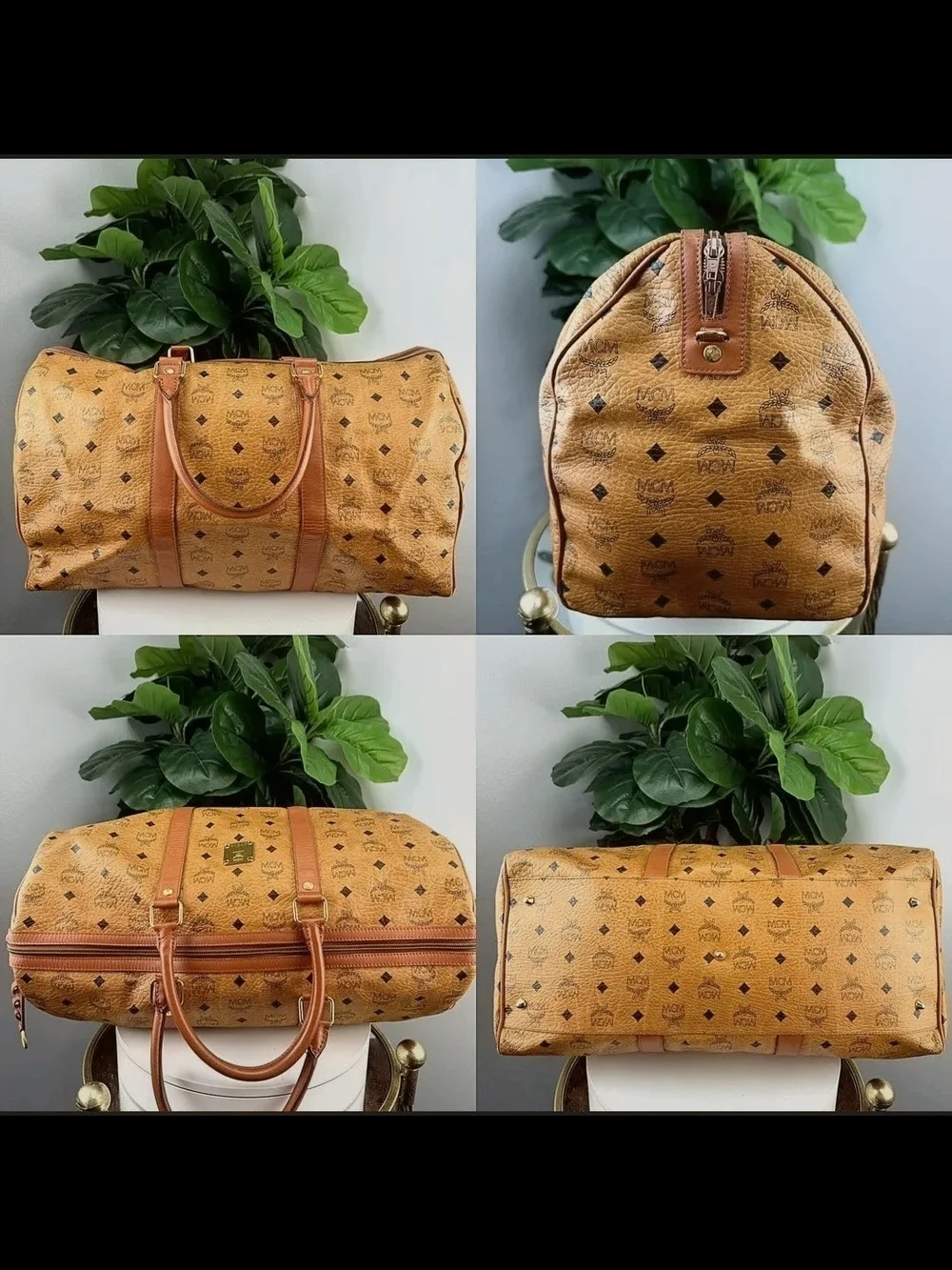MCM Cognac Visetos Logo Duffel with Tan Trim